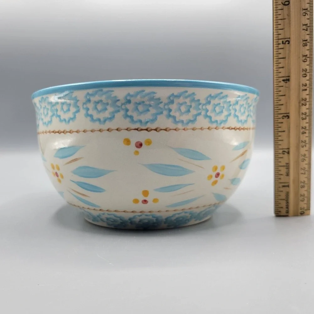 TempTations Old World 16 Oz Hand Painted Ceramic Bowl Blue & Yellow 6.75